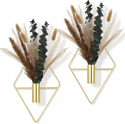 Jexine 4 Pcs Hanging Planters with Artificial Pampas Grass Metal Hanging Vase Indoor Plants Holder Modern Geometric Boho Bathroom Wall Decor for Living Room Home Office (Gloden)