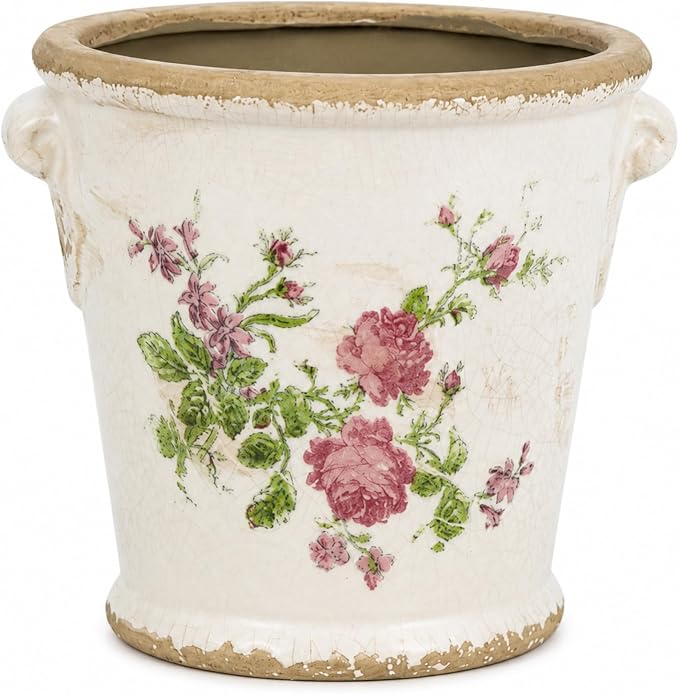 Dosayes Vintage Ceramic Flower Pot with Drainage Holes and Handle,Ice Crack Country Rustic Planters for Indoor Outdoor,Tuscan Decor,Home and Garden Decor,Gardening Present