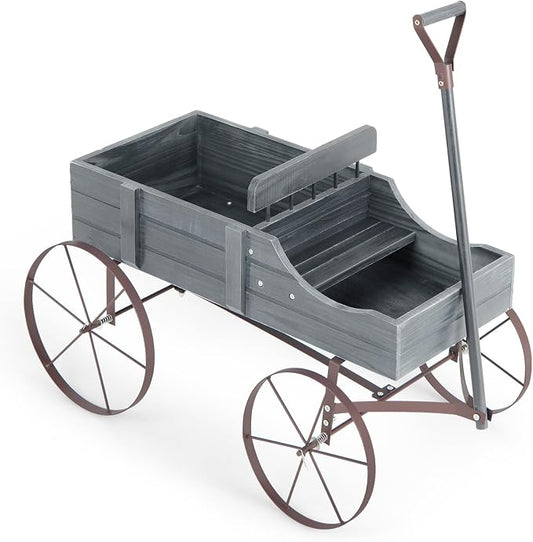 Wooden Wagon Planter, Decorative Flower Pots w/ 2 Planting Sections, Wheels & Handle, Rustic Farmhouse Garden Planter Box for Patio, Yard, Porch (Grey)