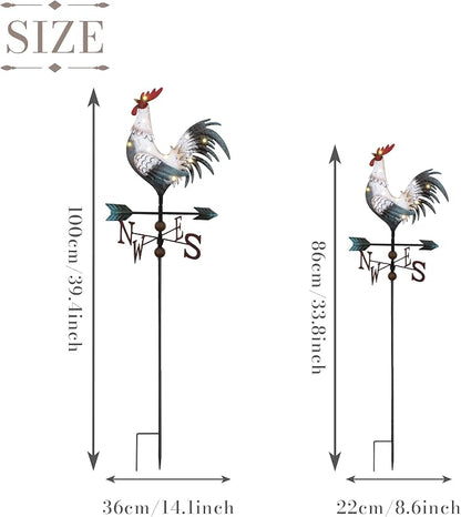 TERESA'S COLLECTIONS Garden Decor with Solar Outdoor Lights, White Rooster Yard Art Sign for Outside, 34'' Metal Weathervane Decorative Garden Stake for Outdoor Decor, Lawn, Gifts for Mom