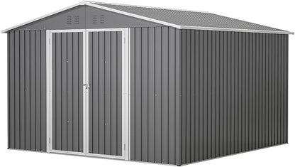 YOPTO 10×10 FT Outdoor Storage Shed,Metal Aluminum Waterproof Tool Sheds with Doors and Vents,Heavy-Duty Sheds Unit W/Lock and Key,for Storing Bicycles,Lawnmowers,Barbeques,Gray