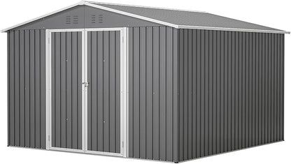 PVWIIK 10x10 FT Large Outdoor Metal Storage Shed, Heavy Duty Waterproof Steel Garden Tool Shed with Lockable Doors, Utility Storage Building for Backyard Patio Lawn Garden, Grey