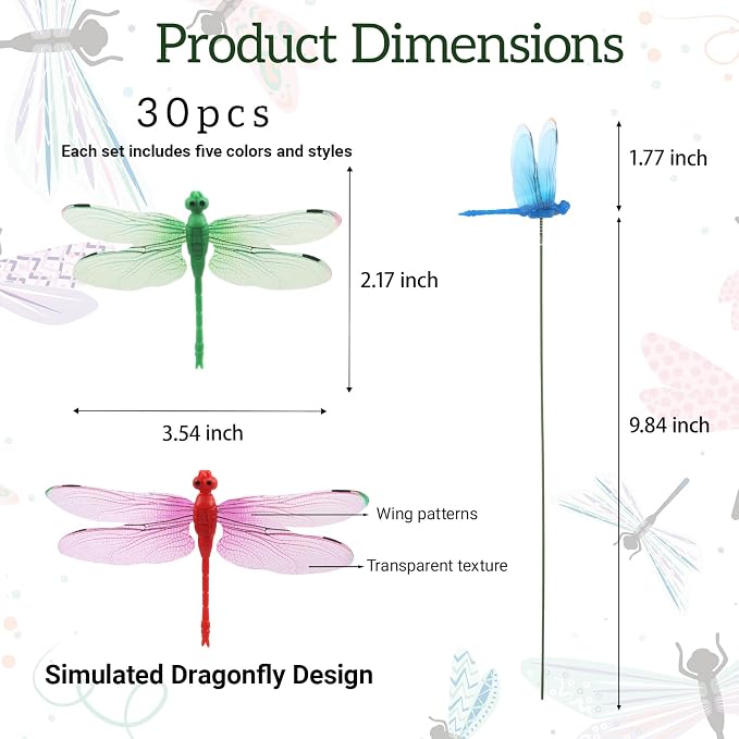30PCS 3D Dragonfly Garden Stakes Dragonfly Garden Decor for Yard Ornaments | Colorful Dragonfly Garden Stakes Waterproof Dragonfly Garden Decorations for Keep Bugs Away Outdoor Stakes Decor