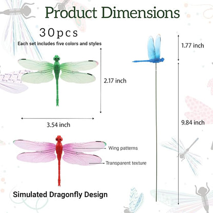 30PCS 3D Dragonfly Garden Stakes Dragonfly Garden Decor for Yard Ornaments | Colorful Dragonfly Garden Stakes Waterproof Dragonfly Garden Decorations for Keep Bugs Away Outdoor Stakes Decor