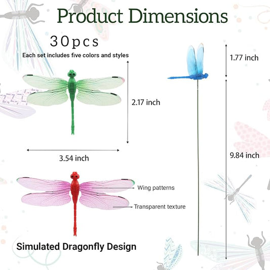 30PCS 3D Dragonfly Garden Stakes Dragonfly Garden Decor for Yard Ornaments | Colorful Dragonfly Garden Stakes Waterproof Dragonfly Garden Decorations for Keep Bugs Away Outdoor Stakes Decor