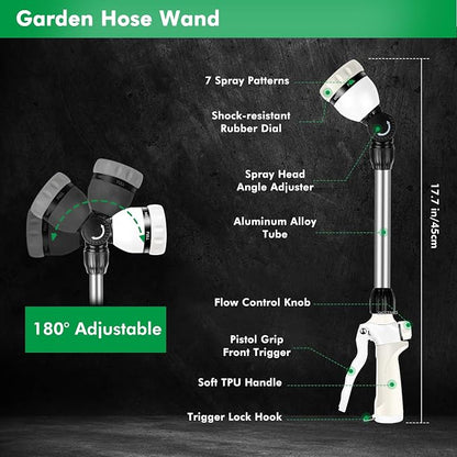 RESTMO Heavy Duty Metal Hose Wand, Watering Wand for Garden Hose | 180° Swivel Ratcheting Head, 16'' Hose Sprayer, 7 Spray Patterns, Flow Control, Ideal for Hanging Baskets & Shrubs, White