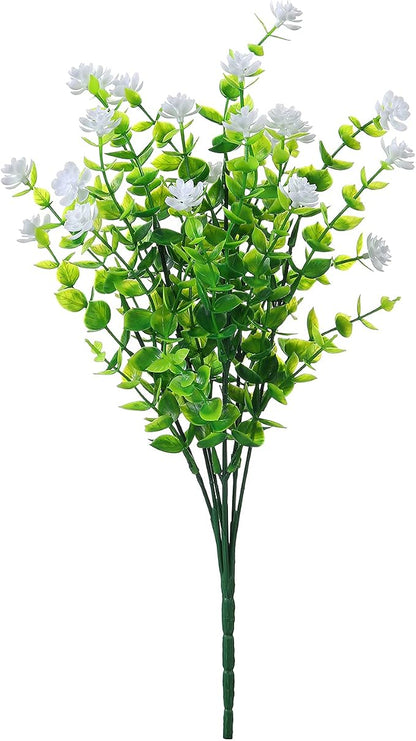XLFAQXM Artificial Plants Flowers Grass Shrubs 8 Pack No Fade Faux Plastic Flowers Outdoor for Vases Farmhouse Garden Porch Patio Office Indoor Wedding Decoration Greenery Fake Plants (2#White)