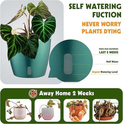 Self-Watering Pots for Indoor Plants, 4-Pack 6.7'' Self Watering Planter with Drainage Holes, Small African Violet Pots with Water Indicator, Orchid Pot, White/Grey/Blue/Rose Gold
