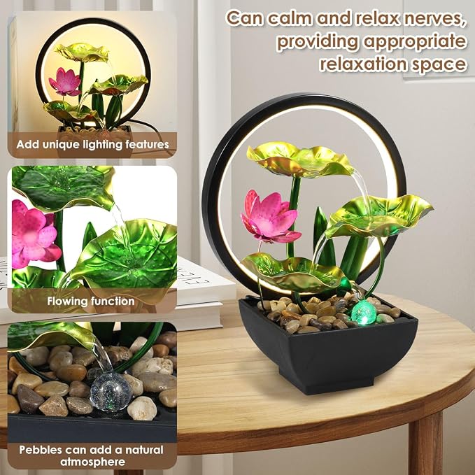 Tabletop Fountain 3-Tiers Leaf,11" Small Waterfall Fountains Indoor Water Fountain with Rocks and Ring Lights,Desktop Fountains for Meditation Relaxation for Bedroom Living Room Office