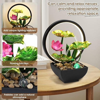 Tabletop Fountain 3-Tiers Leaf,11" Small Waterfall Fountains Indoor Water Fountain with Rocks and Ring Lights,Desktop Fountains for Meditation Relaxation for Bedroom Living Room Office