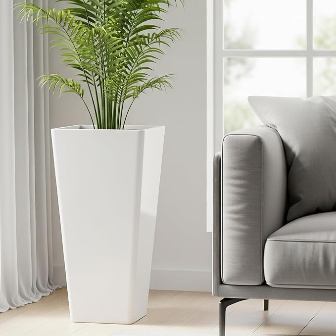Worth Garden Large 28 in.Tall Planters Set of 2 for Indoor and Outdoor, Heavy Duty Plastic White Modern Taper Flower Plant Pots with Drainage Hole and Dual-Purpose Tray for Front Porch, Patio