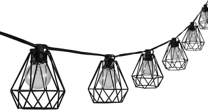 JONATHAN Y 10' Black LED String Lights, 10-Light Indoor/Outdoor Set for Patio Deck, Modern Iron Diamond Cage Shade, Weather-Resistant, Connectable, UL Listed JYL8705A