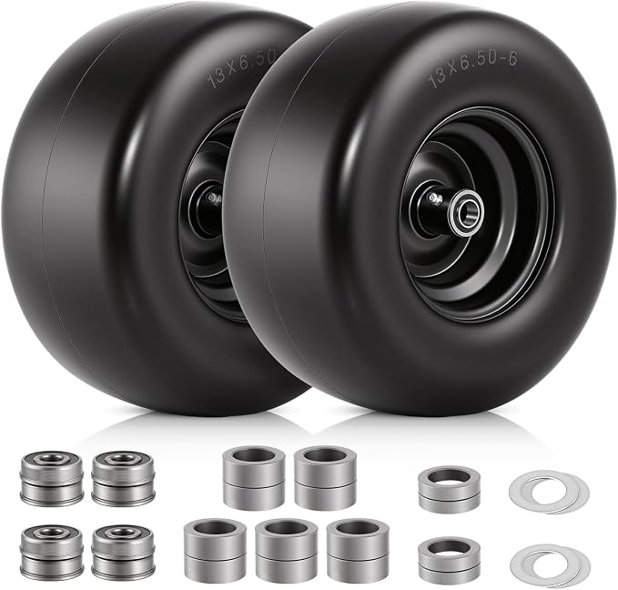 2 PCS 13×6.50-6 Flat Free Lawn Mower Tires and Wheel, Solid Smooth Tread Tire, 13x6.50-6 Zero Turn Mower Front Tires for Commercial Garden Lawn, with 3/4" & 5/8" Bearings, 4"- 8.2" Centered Hub