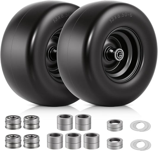 2 PCS 13×6.50-6 Flat Free Lawn Mower Tires and Wheel, Solid Smooth Tread Tire, 13x6.50-6 Zero Turn Mower Front Tires for Commercial Garden Lawn, with 3/4" & 5/8" Bearings, 4"- 8.2" Centered Hub