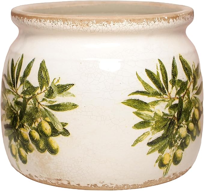Xiaan Jiaju Mediterranean Ceramic Plant Pots with Olives Branches Pattern, 6.3 Inch Tuscan Planter for Indoor Plants, Rustic Farmhouse Home Kitchen Decor, Tuscan Vase for Centerpiece, Olive Green