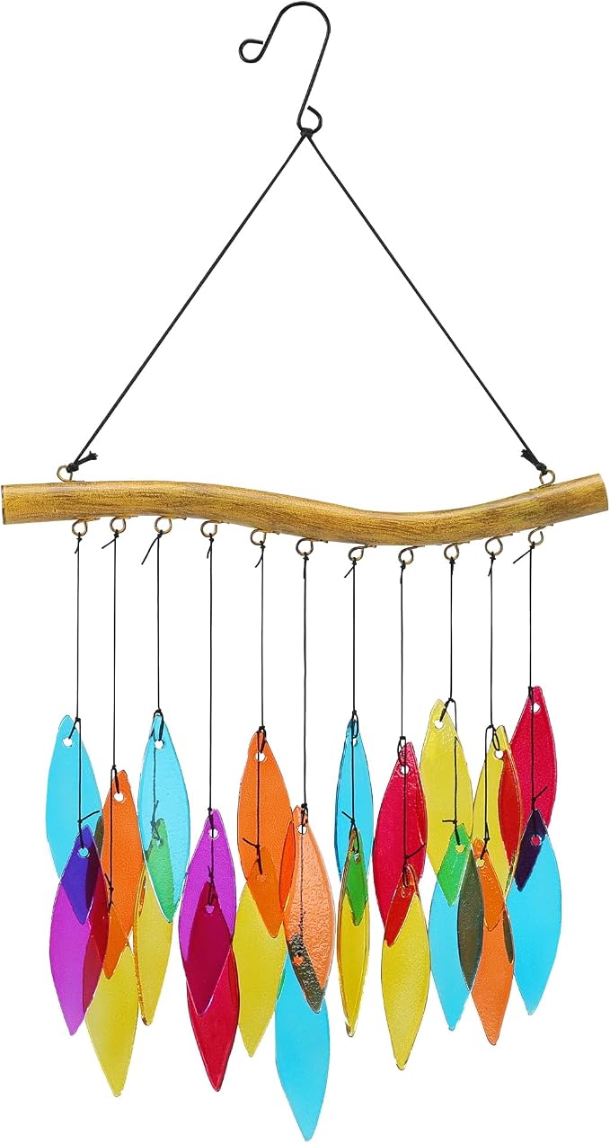 Solar Wind Chimes Outdoor with Glass and Copper (Glass Leaf 1) | Solar Powered, Garden Decor, Patio Decor, Glass and Copper, Outdoor Use