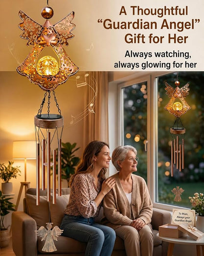 Angel Solar Wind Chimes for Outside: Metal Outdoor Memorial Decor | Easy Hanging for Garden Patio Tree Window - Melodious Birthday Gifts for Women Mom Grandma