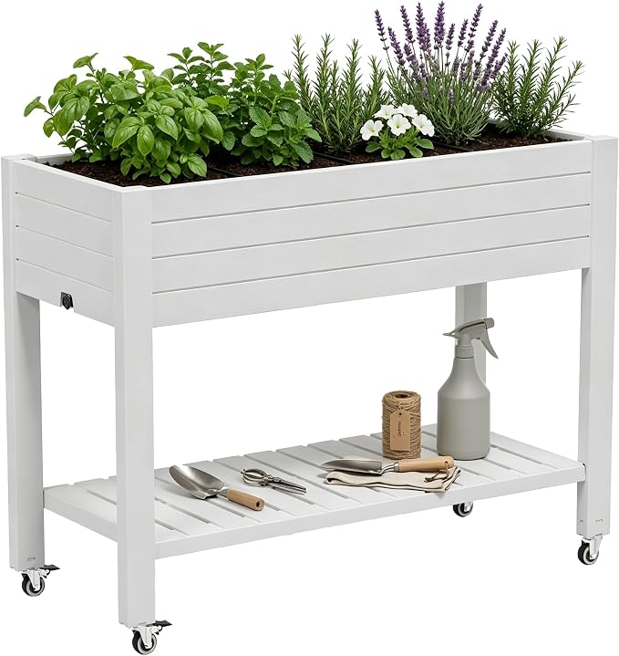 Fancyango Raised Garden Bed with Wheels 33.7" H -Medium Ashen | Resin Elevated Garden Planter Box with Drainage, Outdoor Planter Box for Veggies Herbs Patio Balcony Backyard