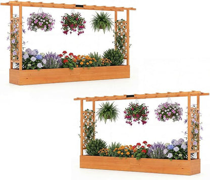 Giantex Wooden Raised Garden Bed with Trellis & Hanging Roof, 2 Pack Fir Wood Planter Box, 45” Freestanding Elevated Garden Bed for Outdoor Climbing Plants Vegetables Flowers, Patio & Balcony, Orange