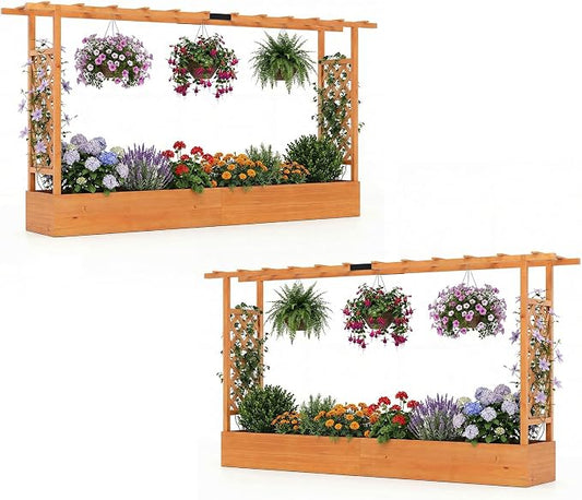 Giantex Wooden Raised Garden Bed with Trellis & Hanging Roof, 2 Pack Fir Wood Planter Box, 45” Freestanding Elevated Garden Bed for Outdoor Climbing Plants Vegetables Flowers, Patio & Balcony, Orange