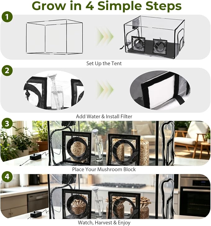 Premium Mushroom Growing Tent Kit with Humidifier & Fan – Desktop Indoor Greenhouse with Filtered Airflow – Ultra-Clear Wrinkle-Free Window for Plant Cultivation