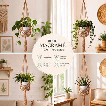 Shappy 2 Pack Boho Macrame Plant Hanger, Large Hanging Planter Plant Holder Pot Hanger Hanging Basket Wall Planters, Plants Lover Gift for Indoor Garden (Diamond Knot Macrame,Jute Color)