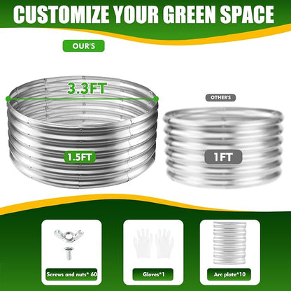 TBMLC 17" Tall Elevated Round Metal Rised Garden Bed- 3.3'x3.3' in Size and 0.8MM Thick Durable Planter Box for Vegetables Flowers Succulent at Patio/Garden Outdoor (Silver, 3.3FT Diameter)