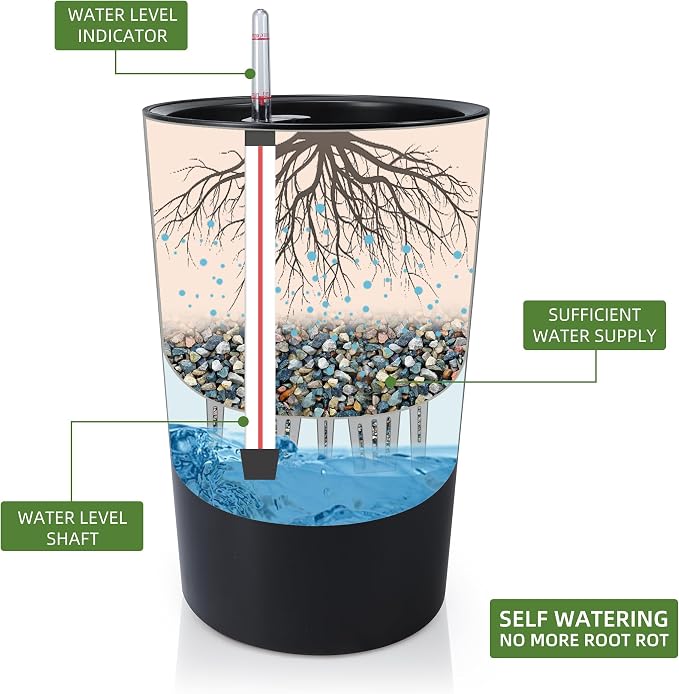 Dexceder 16x12 Self Watering Tall Planter (Black Matte) | High Cylinder, Thickened Large Floor Standing Flower Plant Pot with Water Level Indicator Indoor Outdoor