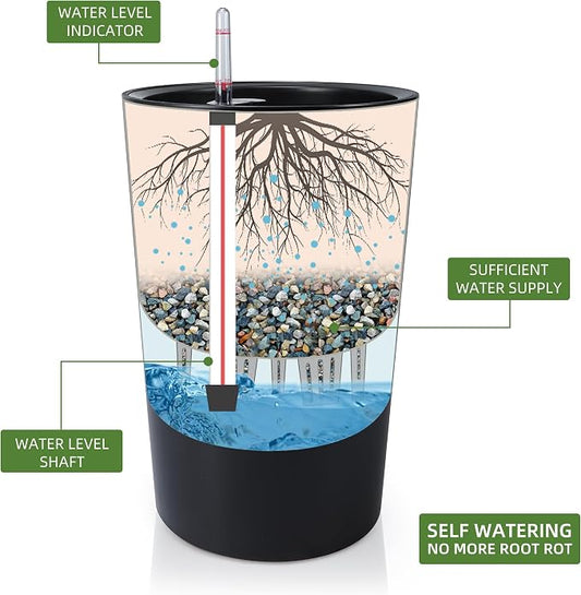 Dexceder 16x12 Self Watering Tall Planter (Black Matte) | High Cylinder, Thickened Large Floor Standing Flower Plant Pot with Water Level Indicator Indoor Outdoor