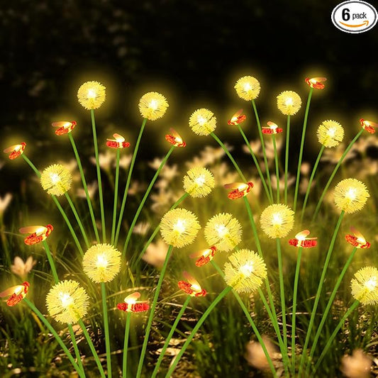 EEW Solar Garden Lights Outdoor 6 Pack 48 LED Swaying Dandelion Bee Lights | 2 Modes (Steady on, Slow Twinkle),Cute Flower Pathway Lights for Yard Lawn Patio Party Garden Wedding Pathway Decorations