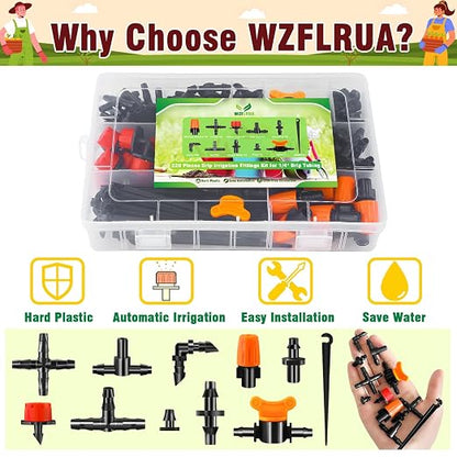 220-Piece Drip Irrigation Fittings Kit for 1/4" Tubing, Complete Set of Drip Barbed Connectors (Nozzle, Micro Dripper, Nozzle Tee, Single Barb, Coupling, Tee, Elbow, Valve, Plug, Cross, Stake)