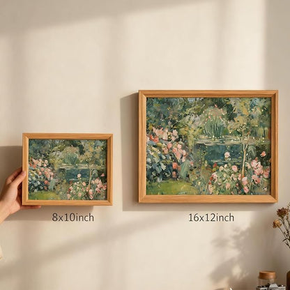 smvexyl Framed Cottage Garden Floral Landscape Wall Art, Vintage Rose Garden Pond Painting Canvas, Rustic Botanical Nature Decor, Farmhouse Style Home Wall Art for Living Room Bedroom Bathroom, 8x10 Inch