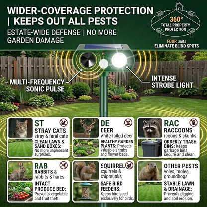 2026 Upgraded Sonic Fortress Pro Deer Repellent Devices,Solar Ultrasonic Animal Repellent with Motion Sensor & Strobe Light Waterproof Cat Deterrent Outdoor for Backyard,Yard,Flower Bed 4Pack