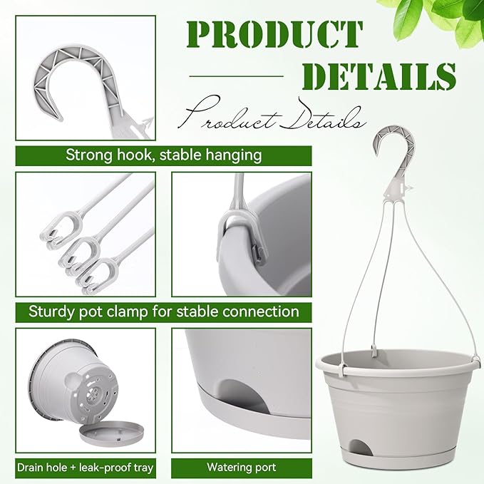 Roshtia 10 Pcs 10 Inch Hanging Baskets for Plants Large Plastic Hanging Basket Pots with Drainage Trays Self Watering Planter Pots for Outdoor Indoor Plants Flowers Garden Balcony (Grey White)