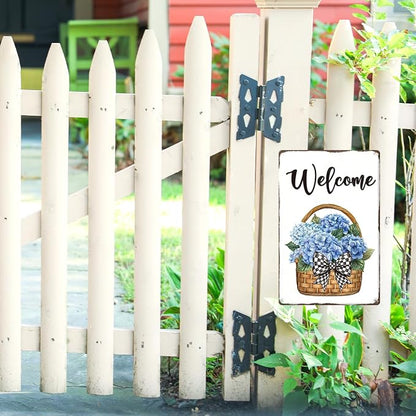 Blue Hydrangea Welcome Metal Tin, Welcome Sign | Spring Summer Wall Art for Outside Porch Garden Yard Patio Wall Decor