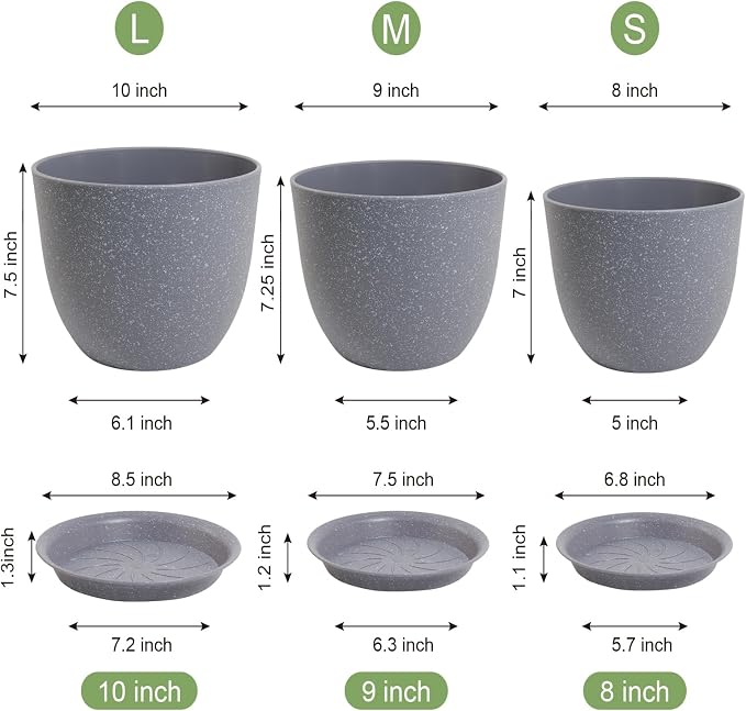 WSMKSZ 10/9/8 inch Plant Pots, Set of 3 Modern Decorative Plastic Planters with Drainage Holes and Saucers for Garden House Plants, Flower Pots for Indoor Outdoor Plants, Speckled Grey