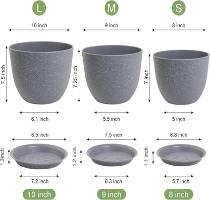 WSMKSZ 10/9/8 inch Plant Pots, Set of 3 Modern Decorative Plastic Planters with Drainage Holes and Saucers for Garden House Plants, Flower Pots for Indoor Outdoor Plants, Speckled Grey