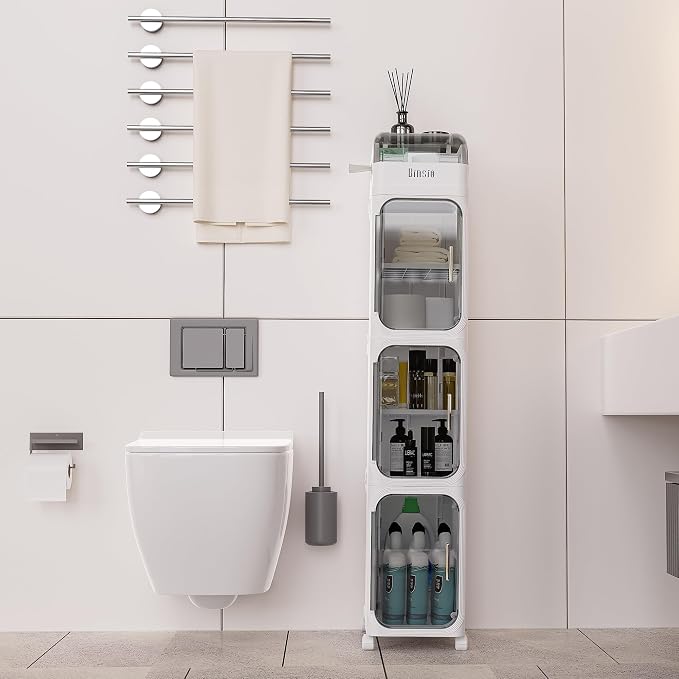 BINSIO 4-Tiers Toilet Paper Storage, Slim Bathroom Organizers and Storage, Bathroom Counter Organizer, Bathroom Organizer Storage Cabinet, Portable Laundry Room Organization, Plastic White Clear Doors