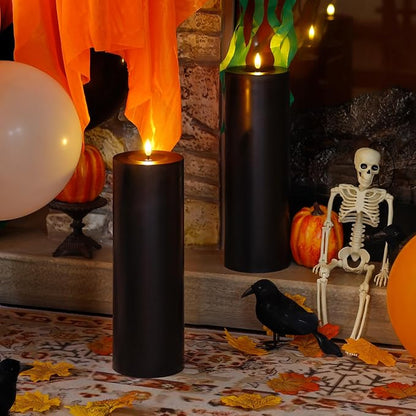Waterproof 4" x 12" Flameless LED Remote Candles, Battery Operated Flickering Fake Timer Pack of 2 Tall Large Plastic Black Pillar Lasting 420 Hrs Outdoor Candles for Halloween Festival