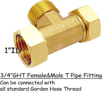 Uenede 2PCS Brass 3/4 Inch GHT Tee Pipe Fitting, 3/4" GHT Female x Male x Female for Garden Hose Threaded Tube Pipe Fittings
