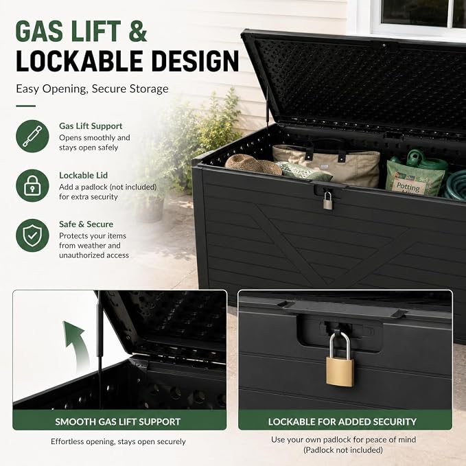 260 Gallon Outdoor Storage Box, Waterproof Resin Double-Wall Deck Box Organizer with Removable Dividers for Patio Cushion Storage, Lockable Outside Container for Garden Tools