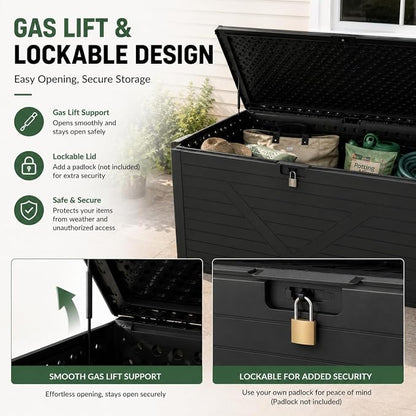 260 Gallon Outdoor Storage Box, Waterproof Resin Double-Wall Deck Box Organizer with Removable Dividers for Patio Cushion Storage, Lockable Outside Container for Garden Tools