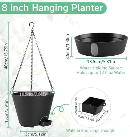 8 Inch Hanging Planters Indoor Outdoor, 3 Pack Plastic Self Watering Plant Pots with Drainage Holes & Saucers, Hanging Baskets Flower Pots with Chain for Ivy, Spider Plant, Pothos, Ferns