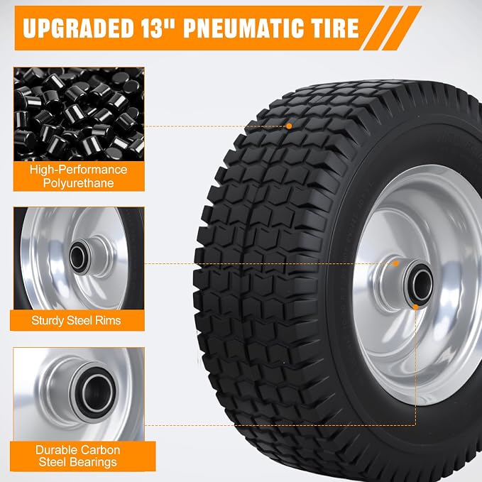 Yesker 13x5.00-6 Flat Free Lawn Mower Tire and Wheel Assembly with 3/4" Bearing Bore, 13x5-6nhs Solid Riding Lawnmower Tires with 3" Center Hub, 2 Pack
