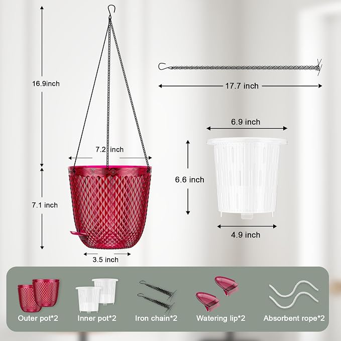 QCQHDU Hanging Planters for Indoor Plants, 2-Pack, 7.2 Inch, Red | Plastic, Self Watering Plant Hanger, with Drainage Holes, 3 Hooks Chains, For Garden Home