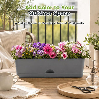 6 Pack Rectangle Planter 16x4.4 Inch Window Boxes Planters Rectangular Window Sill Planters Indoor Self Watering Plant Pots with Drainage Holes and Saucers Succulent Herb Flower Pots, Dark Grey