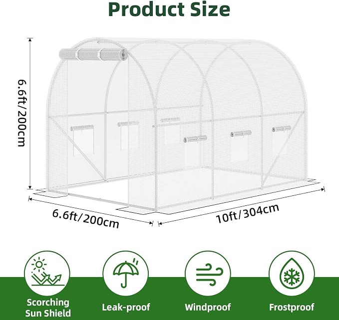 Superlele Heavy Duty Walk-in Greenhouse for Outdoor, 10x6.6x6.6FT Large Garden Green House with Reinforced PE Mesh Cover, 6 Roll-up Windows with Screen, 8 Ground Stakes and Ropes, White
