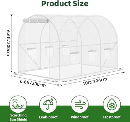 Superlele Heavy Duty Walk-in Greenhouse for Outdoor, 10x6.6x6.6FT Large Garden Green House with Reinforced PE Mesh Cover, 6 Roll-up Windows with Screen, 8 Ground Stakes and Ropes, White