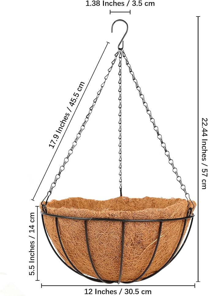 HKZ Hanging Basket Planter Plants Outdoor - 4 Pack 12 Inch Metal Hanging Planter with Coco Liners, Chain Hook Hanging Flower Pots for Indoor Outdoor Garden Porch Decoration