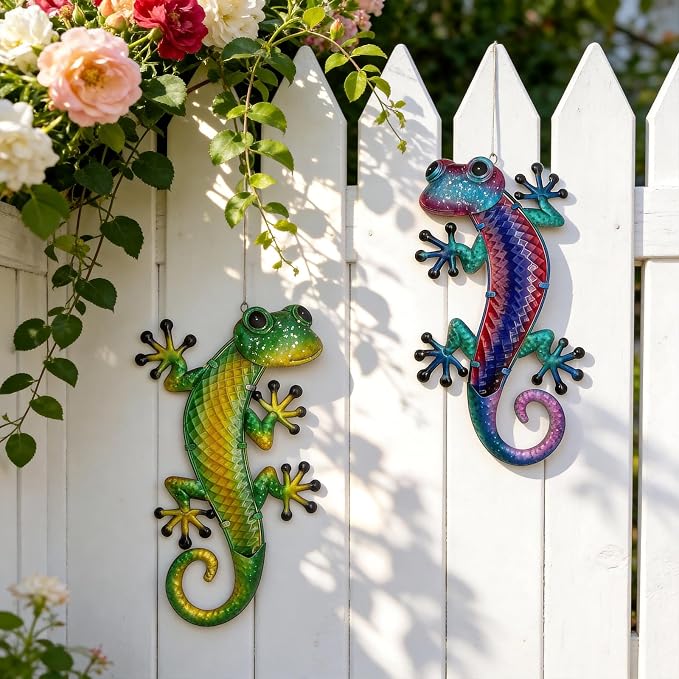 HONGLAND Lizard Metal Wall Art-15 Inch Gecko Wall Decor Hanging Glass Sculpture, 2 Pack Yard Decorations Outdoor for Garden Fence Home